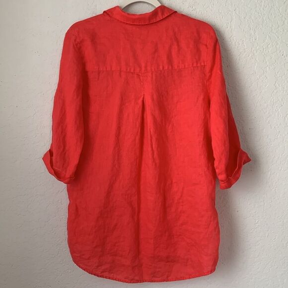 Ellen Tracy Linen Red 1/2 Sleeve Roll Tab Notched Collar Pocket Shirt Size M - Picture 7 of 7